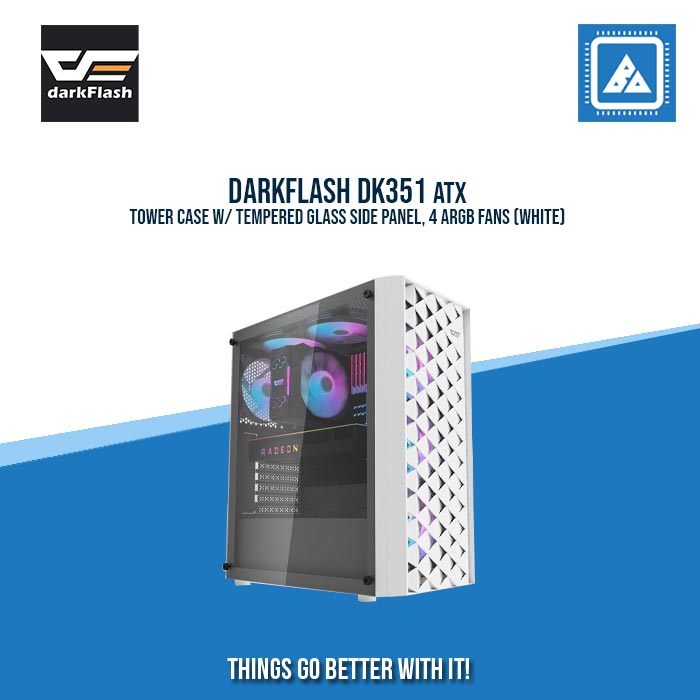 DARKFLASH DK351 ATX TOWER CASE W/ TEMPERED GLASS SIDE PANEL, 4 ARGB FANS (WHITE) DARKFLASH DK351 ATX TOWER CASE W/ TEMPERED GLASS SIDE PANEL, 4 ARGB FANS (WHITE)